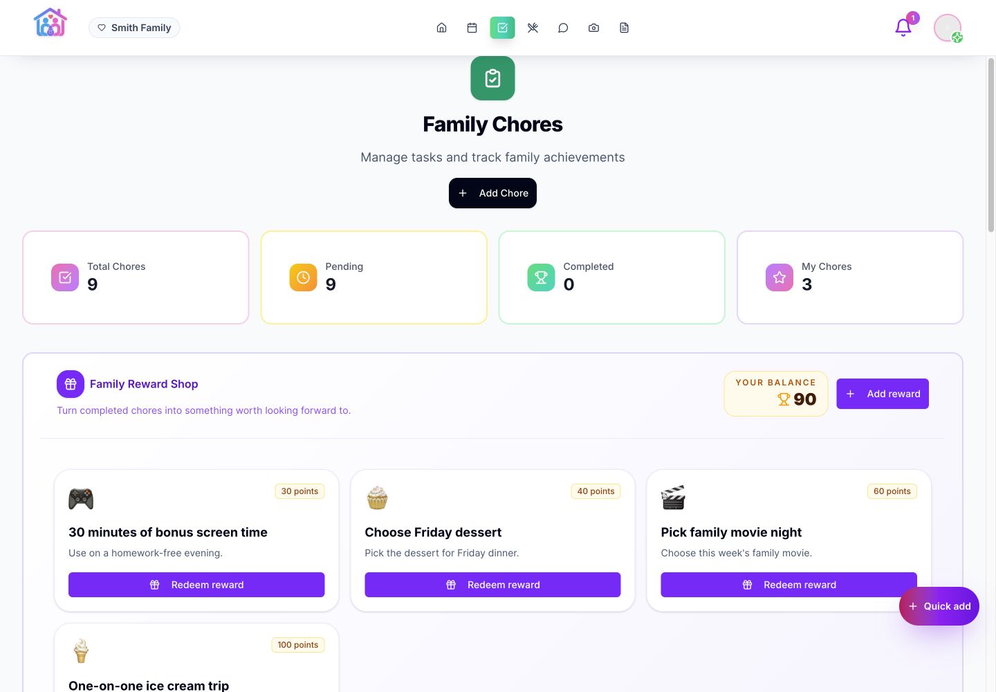 Chore board and family reward shop
